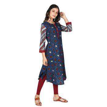 Women's Indigo Blue Cotton Double Printed A-line Kurti 2