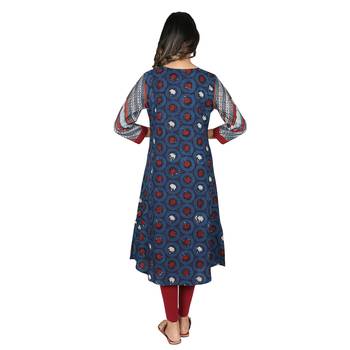 Women's Indigo Blue Cotton Double Printed A-line Kurti 3
