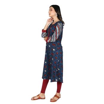 Women's Indigo Blue Cotton Double Printed A-line Kurti 4