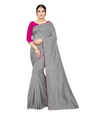 grey plain silk blend saree with blouse 1