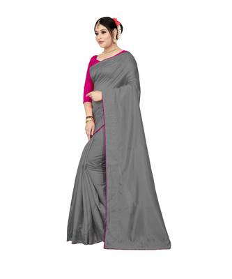 grey plain silk blend saree with blouse 2