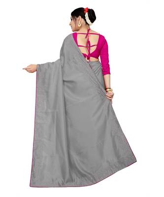 grey plain silk blend saree with blouse 3