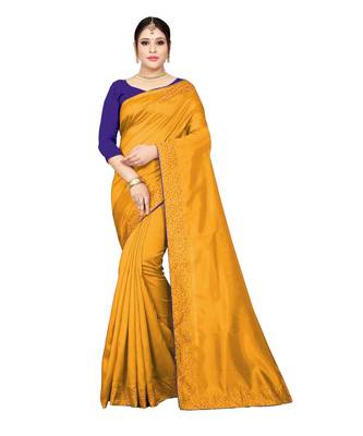 yellow plain silk blend saree with blouse 1