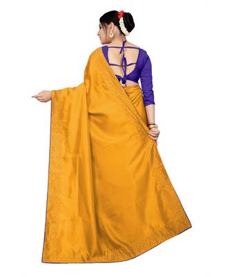 yellow plain silk blend saree with blouse 3