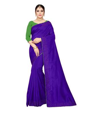 blue plain silk blend saree with blouse 1