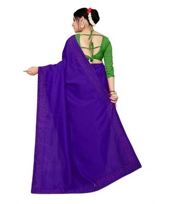 blue plain silk blend saree with blouse 3