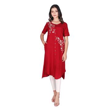 Women's Maroon Rayon Embroidered Front Slit Kurti 1