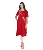 Women's Maroon Rayon Embroidered Front Slit Kurti