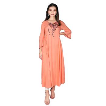 Women   s Carrot Orange Modal Solid Embroidery Long Kurti 1