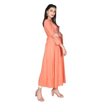 Women   s Carrot Orange Modal Solid Embroidery Long Kurti 2