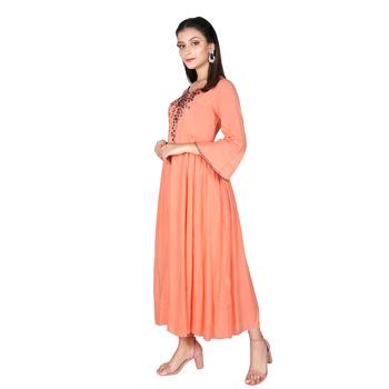 Women   s Carrot Orange Modal Solid Embroidery Long Kurti 4