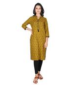 Women   s Mahendi Green Cotton Printed Straight Kurti with Tassels