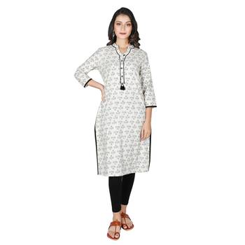 Women   s off white Cotton Printed Straight Kurti with Tassels 1