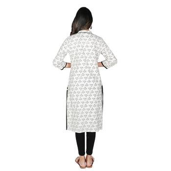 Women   s off white Cotton Printed Straight Kurti with Tassels 3