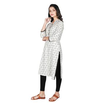 Women   s off white Cotton Printed Straight Kurti with Tassels 4