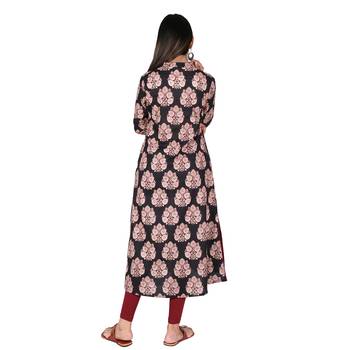 Women   s Black Cotton High Low Printed A-line Kurti 3