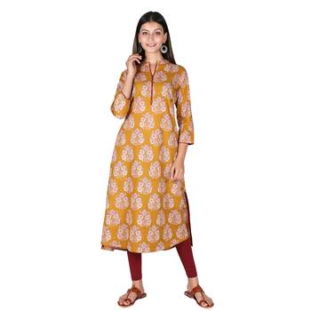 Women   s Mustard Cotton High Low Printed A-line Kurti 1