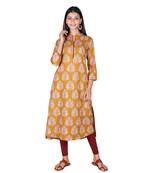Women   s Mustard Cotton High Low Printed A-line Kurti