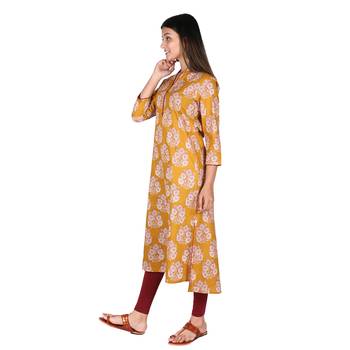Women   s Mustard Cotton High Low Printed A-line Kurti 4