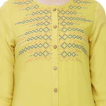 Yellow embroidered rayon kurtas-and-kurtis 5