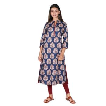 Women   s Navy Blue Cotton High Low Printed A-line Kurti 1