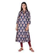 Women   s Navy Blue Cotton High Low Printed A-line Kurti