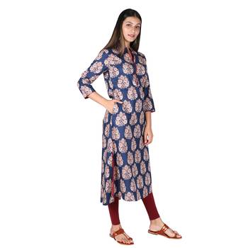 Women   s Navy Blue Cotton High Low Printed A-line Kurti 2