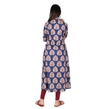 Women   s Navy Blue Cotton High Low Printed A-line Kurti 3