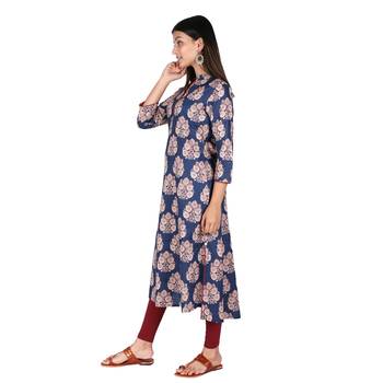 Women   s Navy Blue Cotton High Low Printed A-line Kurti 4