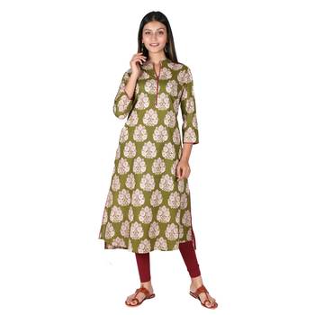 Women   s Olive Green Cotton High Low Printed A-line Kurti 1
