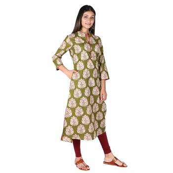 Women   s Olive Green Cotton High Low Printed A-line Kurti 2
