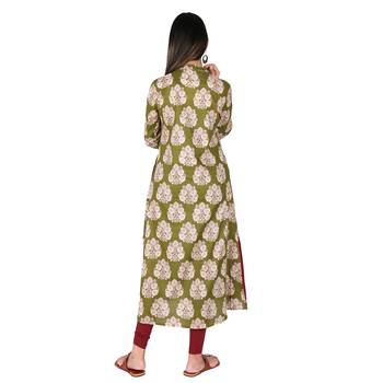 Women   s Olive Green Cotton High Low Printed A-line Kurti 3