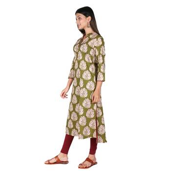 Women   s Olive Green Cotton High Low Printed A-line Kurti 4