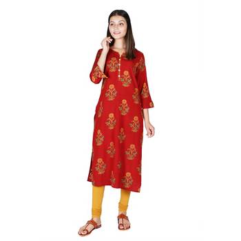 Women   s Bagru Red Rayon Mughal Print Straight Kurti 1