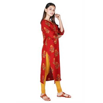 Women   s Bagru Red Rayon Mughal Print Straight Kurti 2