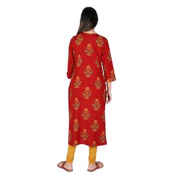 Women   s Bagru Red Rayon Mughal Print Straight Kurti 3