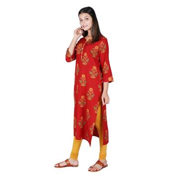 Women   s Bagru Red Rayon Mughal Print Straight Kurti 4