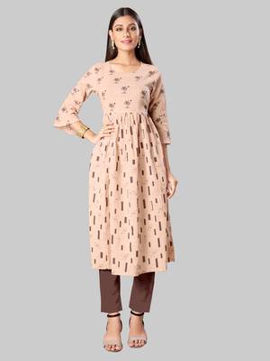 Kimisha Women's Beige Casual Wear Cotton Slub Printed Anarkali Style Pleated Kurti 1