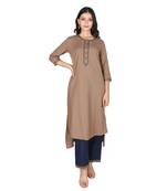Women   s Grey Cotton Solid Tail Cut Kurta & Pant Set