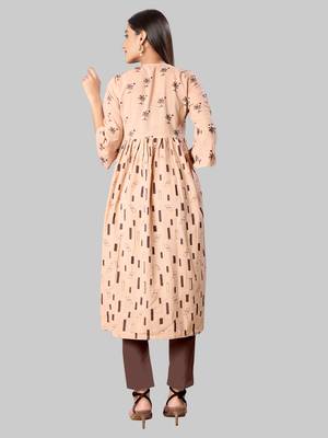 Kimisha Women's Beige Casual Wear Cotton Slub Printed Anarkali Style Pleated Kurti 2