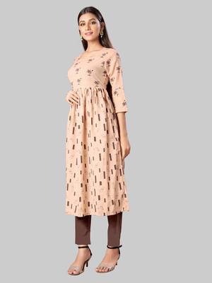 Kimisha Women's Beige Casual Wear Cotton Slub Printed Anarkali Style Pleated Kurti 3