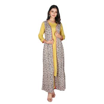 Women   s Mustard Rayon Staple Straight Kurta with Shifley Shrug & Pant Set 1