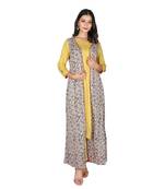 Women   s Mustard Rayon Staple Straight Kurta with Shifley Shrug & Pant Set