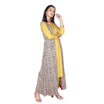 Women   s Mustard Rayon Staple Straight Kurta with Shifley Shrug & Pant Set 2