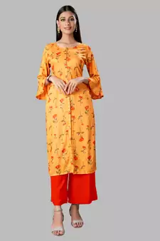 Kimisha Women's Mustard Yellow Rayon Cotton printed Straight Kurta (Full Stitched)