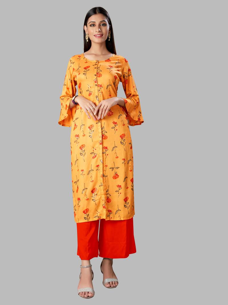 Kimisha Women's Mustard Yellow Rayon Cotton printed Straight Kurta (Full Stitched)