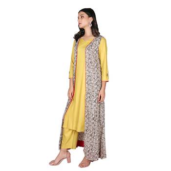 Women   s Mustard Rayon Staple Straight Kurta with Shifley Shrug & Pant Set 4