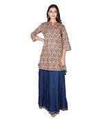 Women   s Peach & Blue Cotton Printed Mirror Work Kurti & Skirt,