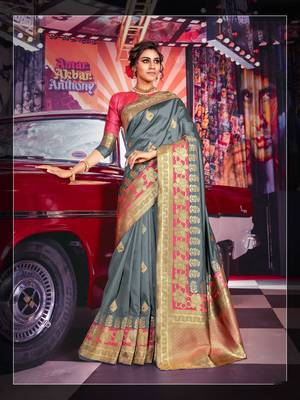 Grey woven silk blend saree with blouse 1