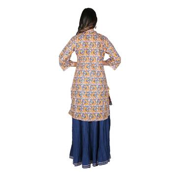Women   s Peach & Blue Cotton Printed Mirror Work Kurti & Skirt, 3